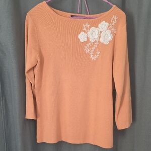 Sag Harbor Peach Knit Top with White Floral Embroidery